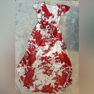 Julia Jordan White Red Floral Flutter Flowy Sleeve Belt V Neck  Low High Dress